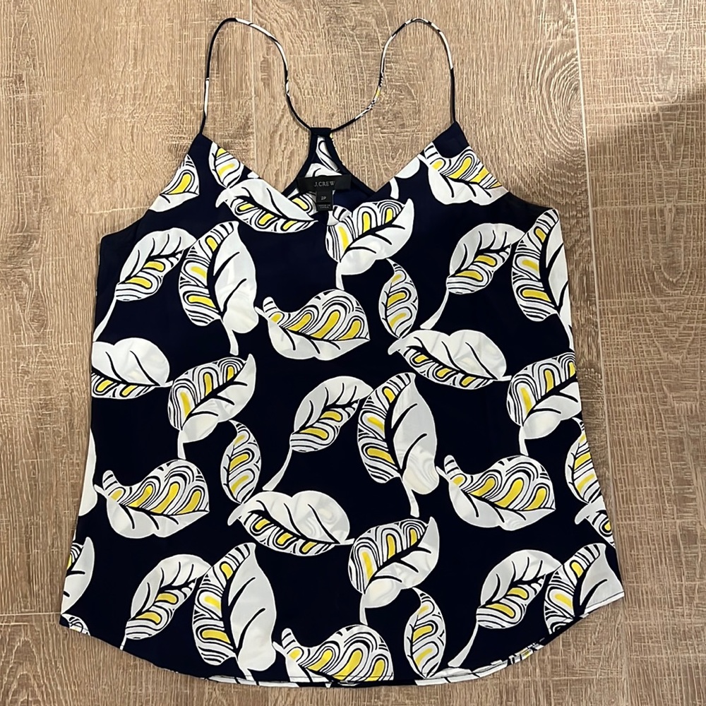 J Crew Silk cami 2P Navy white yellow leaf